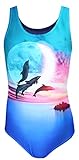 Aquarti Mädchen Badeanzug mit Ringerrücken Print, Farbe: Delfine Mond Rosa/Blau, Größe: 134
