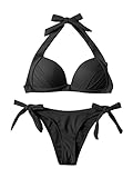 SheIn Damen Neckholder Bikini Sets Push Up Hohe Taille Tanga Bikinitop High Waist Bademode Zweiteiliger Swimwear Schwarz L