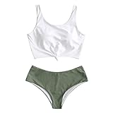 ZAFUL Zweiteiliger verknotet Tankini Beachwear Set, einfarbiger gepolsterter Badeanzug mit Schulterträger & Badehose für Damen (Grün, M)