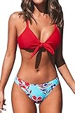 CUPSHE Damen Bikini Set Knot Triangel Bikini Swimsuit Blumenmuster Low Rise Bademode Zweiteiliger Badeanzug Rot/Blau M