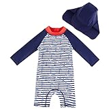 UMELOK Kleinkind Jungen Badeanzug UV Schutz 50+ Einteilige Schwimmanzug Mit Sonnenhut (Blau Leuchttürme, 3-6 Monate/62-68 cm)