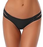 SHEKINI Damen Niedrige Taille Bikini Bottom Bademode Tanga Bikinihose Chic Aushöhlen Brazilian Bikini Slip (L,Schwarz)