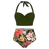 Lazzboy Bikini Set Frauen Blumendruck Crop Tops Mit Hoher Taille + Shorts Zweiteilige Badebekleidung Halfter Tankini Damen Retro Stil Badeanzug(Grün,L)