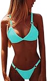 CheChury Damen Bikini Set Klassischer Zweiteilige Badeanzug Triangel Rückenfrei Bikinioberteil Verstellbare Bademode Brasilianer Tanga Bikinihose,Blau,M
