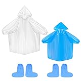 Peaken Einweg Regenponchos, 8er-Pack Regenponcho Transparent, wasserdichte Ponchos, leichte Regenmäntel mit 8 Paar blauen Einweg-Überschuhen (4 Stück für Erwachsene + 4 Stück für Kinder)