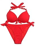 EONAR Damen Seitlich Gebunden Bikini-Sets Abnehmbar Bademode Push-up-Bikinioberteil mit Nackenträger, Rot, (Größe:34-36)70B/75A/75B