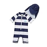 Soui BONVERANO Baby Junge EIN stück Kurzärmel-Kleidung UV-Schutz 50+ Badeanzug MIT Einem Reißverschluss (Dunkelblaue Streifen, 24-36)