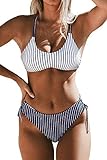CUPSHE Damen Bikini Set mit geflochtenen Trägern Hinten Gestreifte Bademode Wende-Slip Zweiteiliger Badeanzug Weiß M