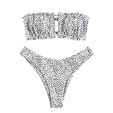 ZAFUL Damen Bikini Set, schulterfrei Bandeau mit Kordelzug & Rüschen High Cut Bademode mit Tierdruck (Speck, M)